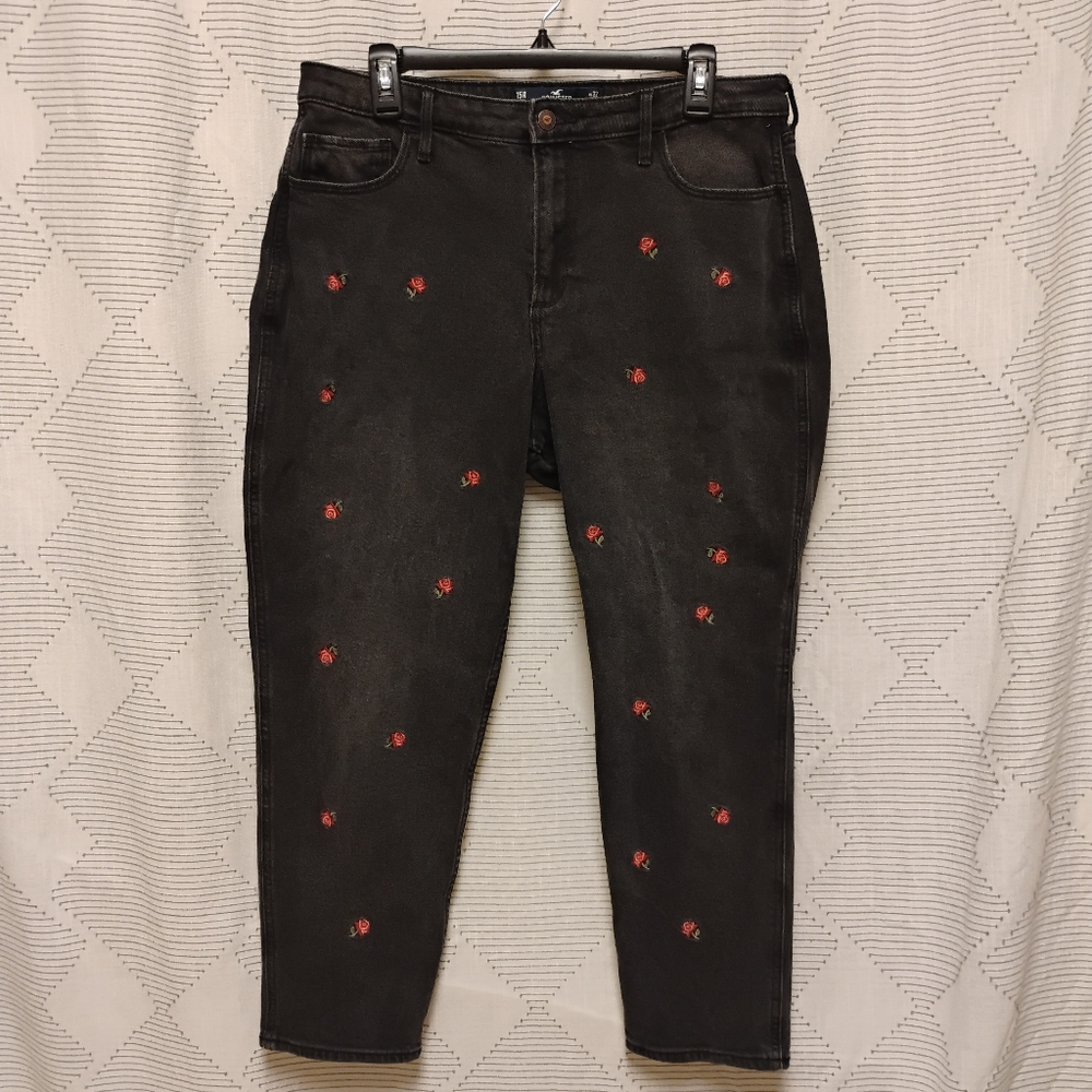 Hollister Women's Black Jeans Red Rose Embroidery Curvy High Rise Mom Size 15